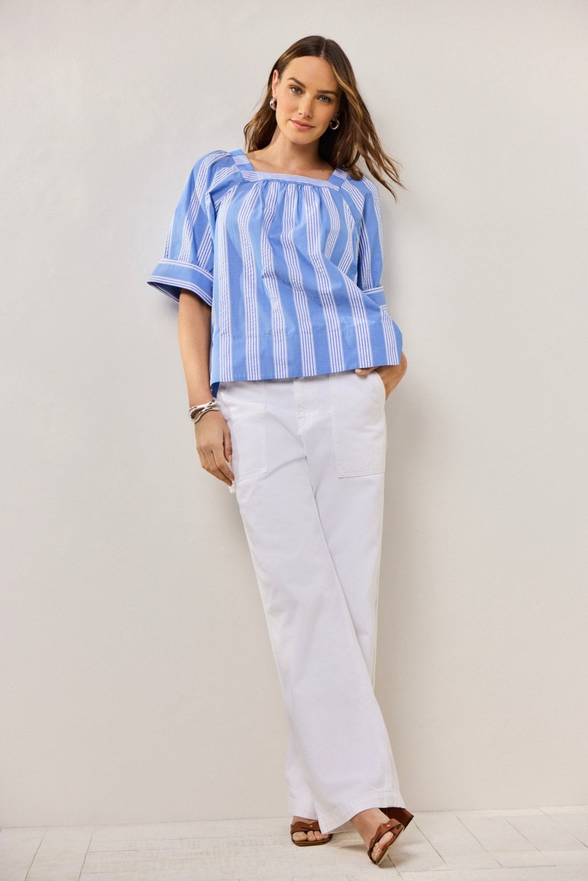 Violet Seersucker Variegated Stripe Elbow Sleeve Popover Shirt