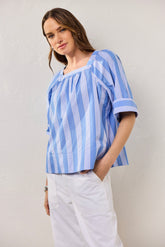 Violet Seersucker Variegated Stripe Elbow Sleeve Popover Shirt