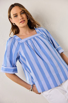 Violet Seersucker Variegated Stripe Elbow Sleeve Popover Shirt