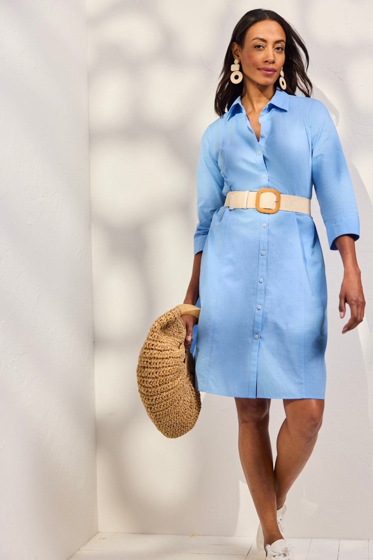 Fiona Seersucker Lake Blue 3/4 Sleeve Dress