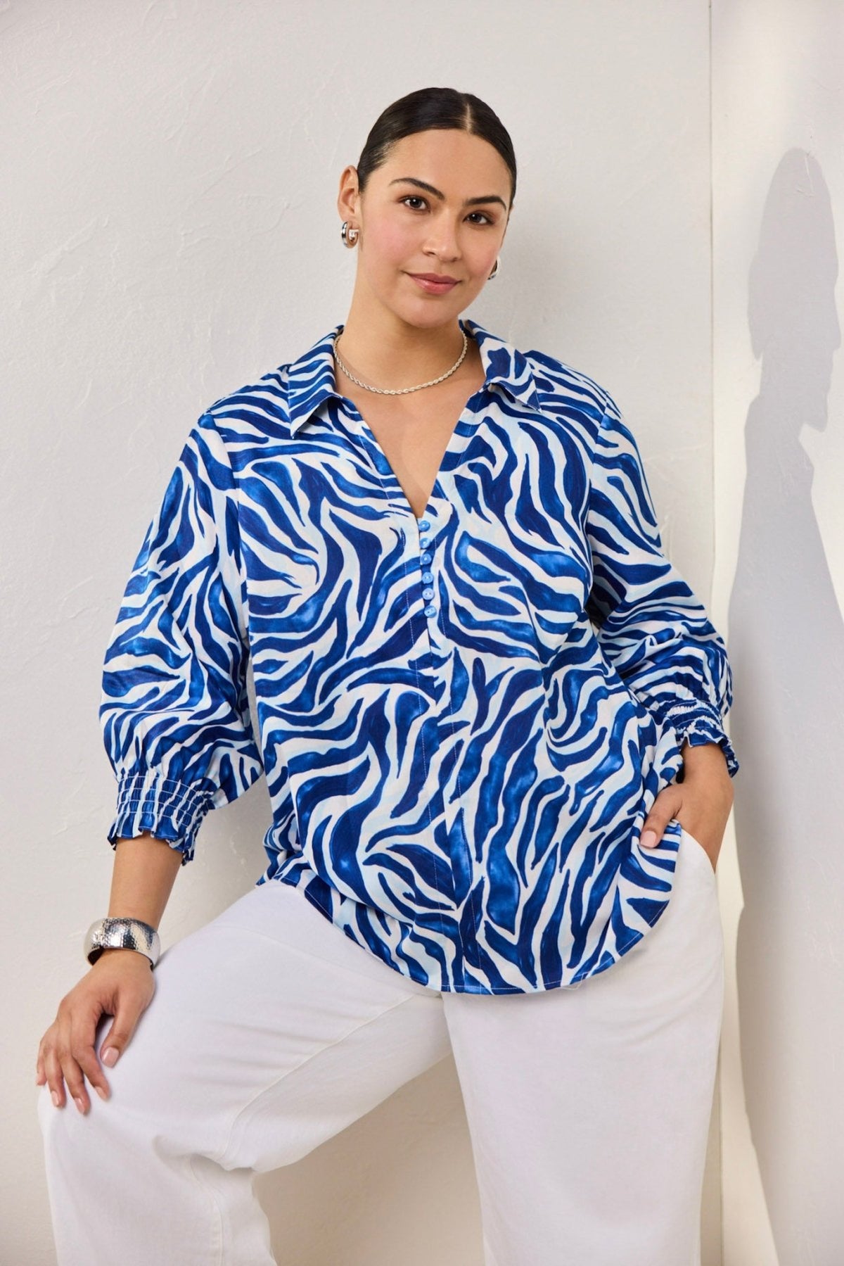 Alexis Plus Tonal Zebra 3/4 Sleeve Popover Shirt