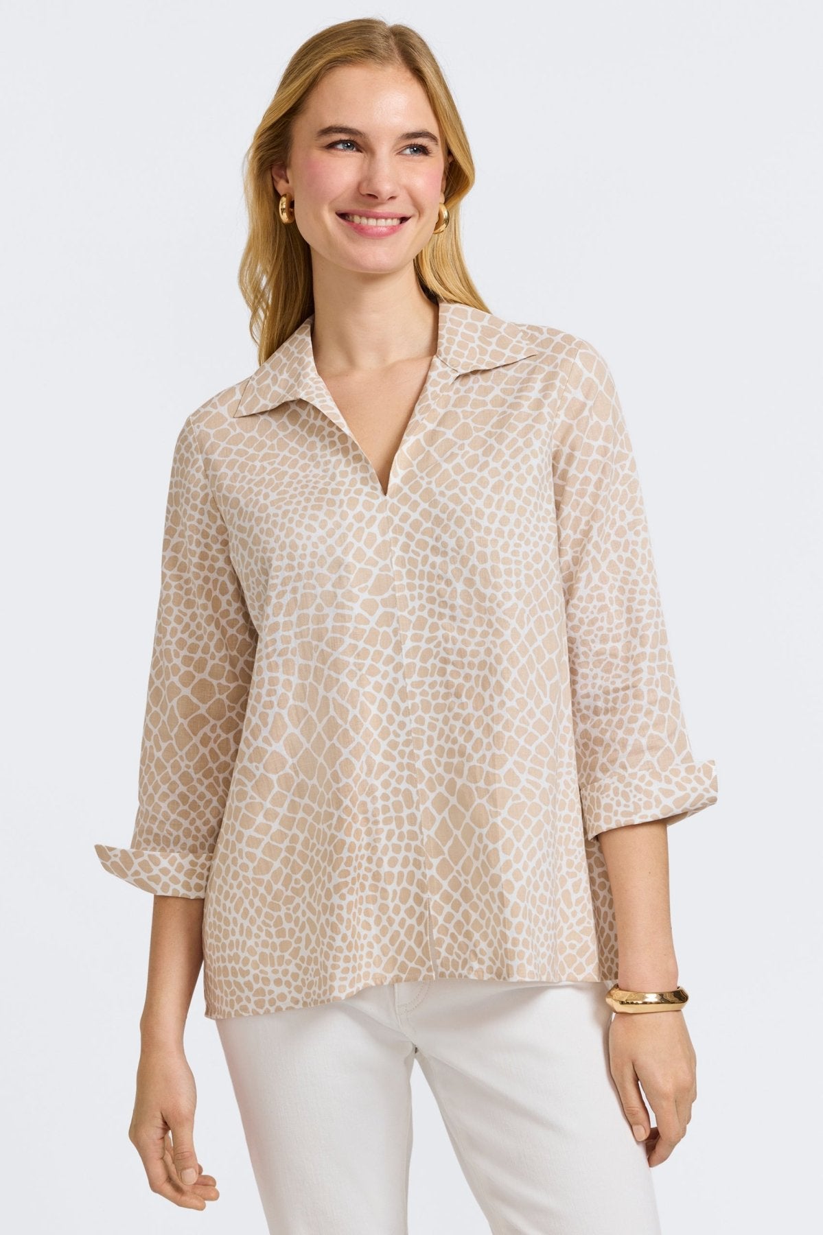 Agnes Linen Giraffe 3/4 Sleeve Popover Shirt