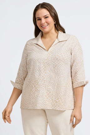 Agnes Plus Linen Giraffe 3/4 Sleeve Popover Shirt