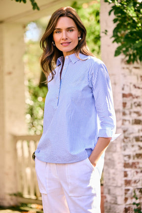 Therese Seersucker Thin Stripe 3/4 Sleeve Popover Shirt