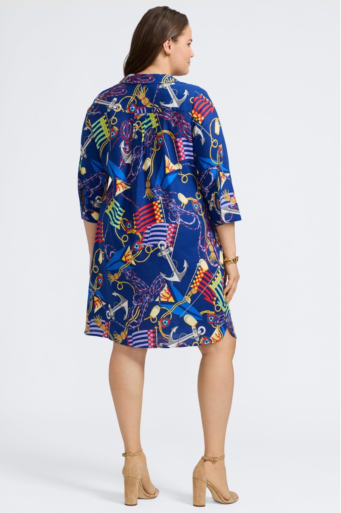 Sloane Plus Linen Nautical Flags 3/4 Sleeve Dress