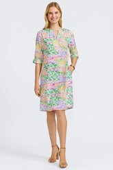 Vena Linen Impressionist Floral 3/4 Sleeve Dress