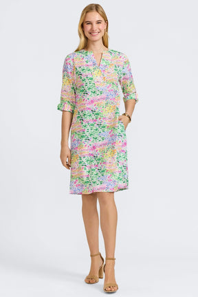 Vena Linen Impressionist Floral 3/4 Sleeve Dress