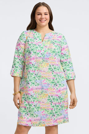 Vena Plus Linen Impressionist Floral 3/4 Sleeve Dress