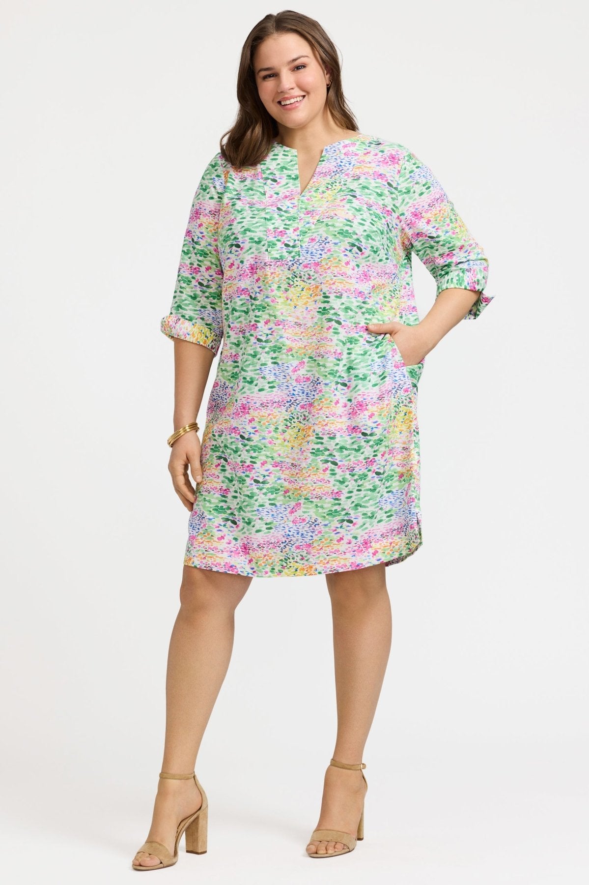 Vena Plus Linen Impressionist Floral 3/4 Sleeve Dress