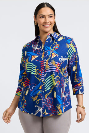 Zoey Plus Linen Nautical Flags 3/4 Sleeve Shirt