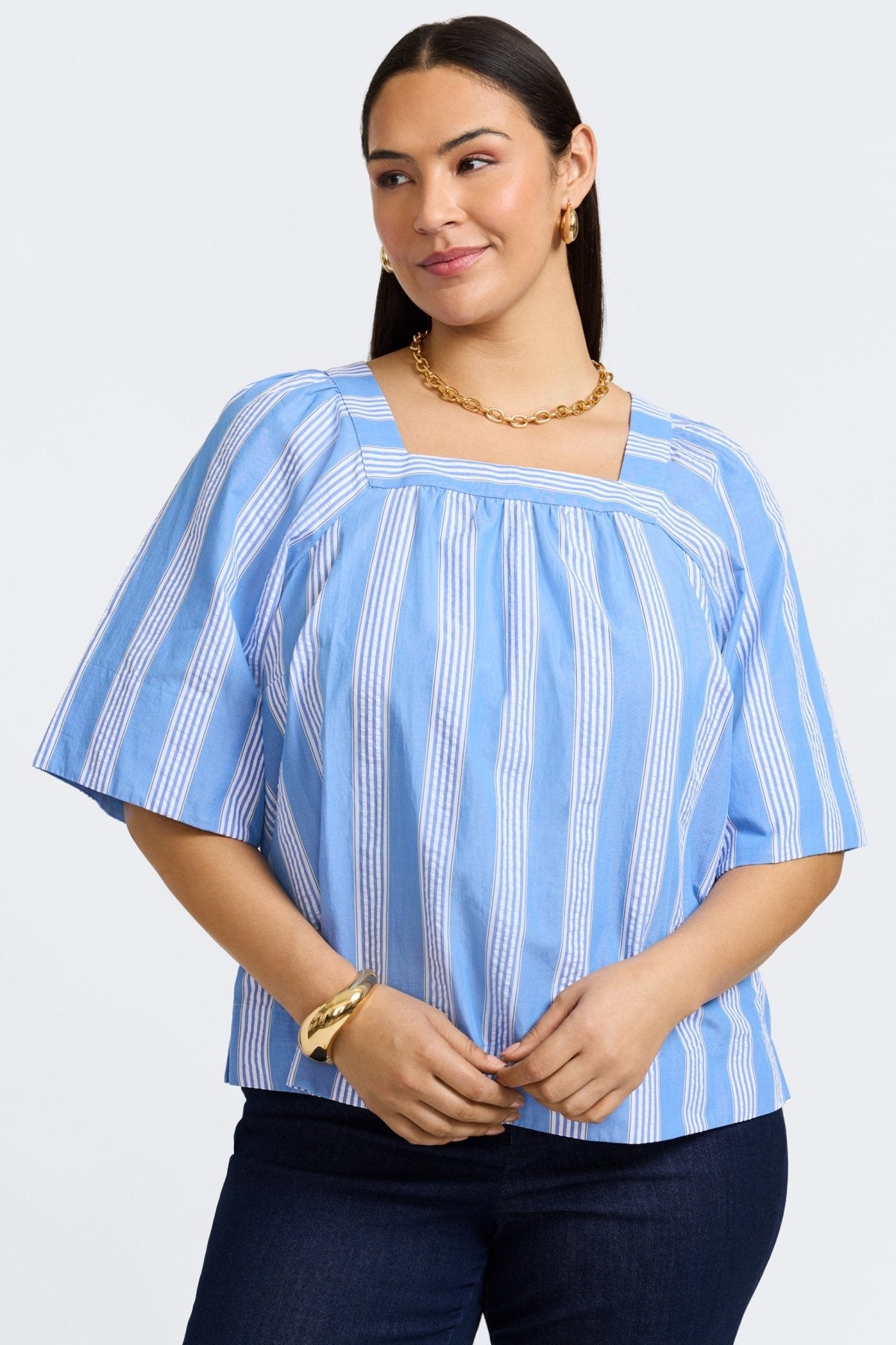 Violet Plus Seersucker Variegated Stripe Elbow Sleeve Popover Shirt