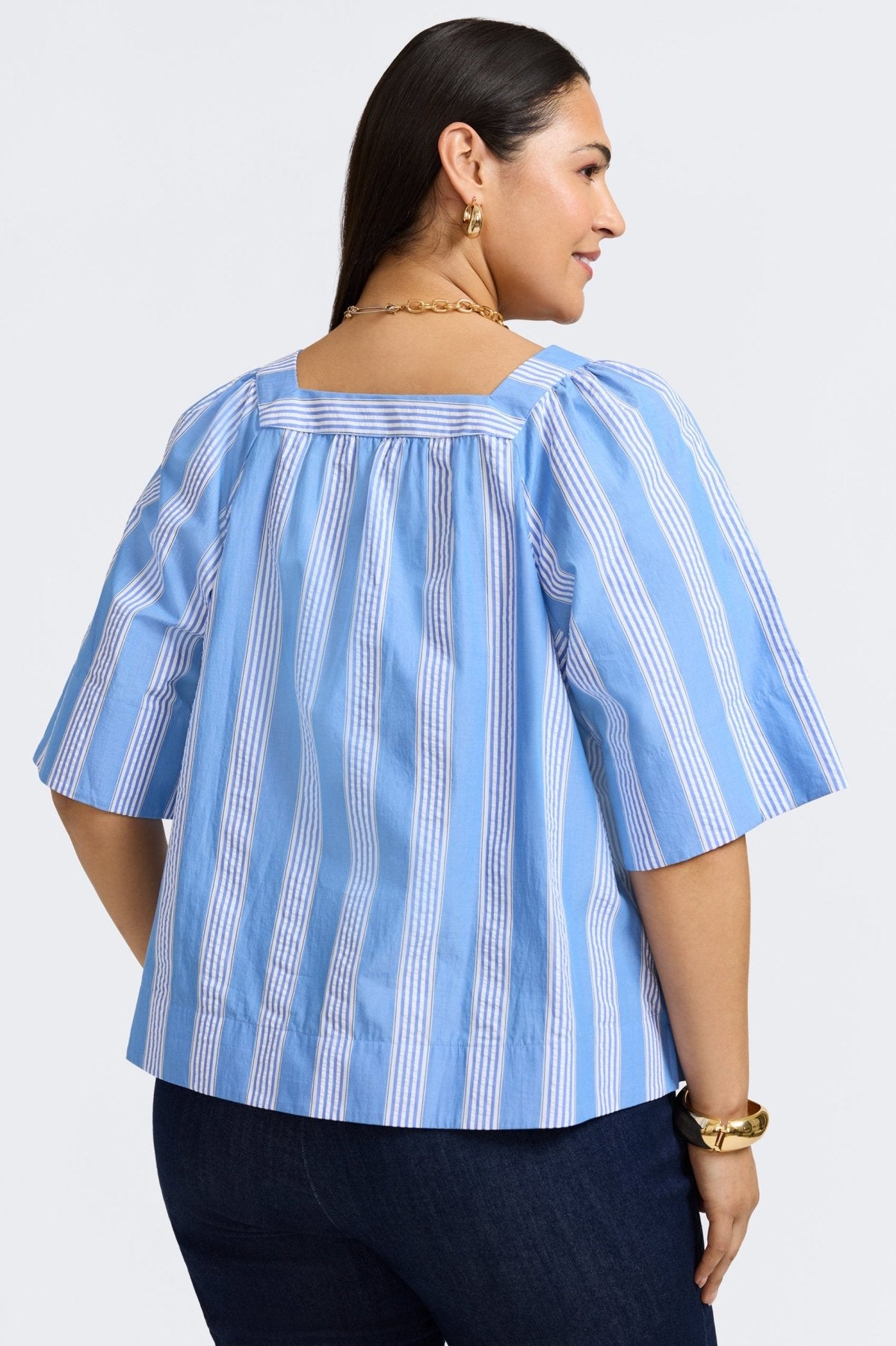 Violet Plus Seersucker Variegated Stripe Elbow Sleeve Popover Shirt