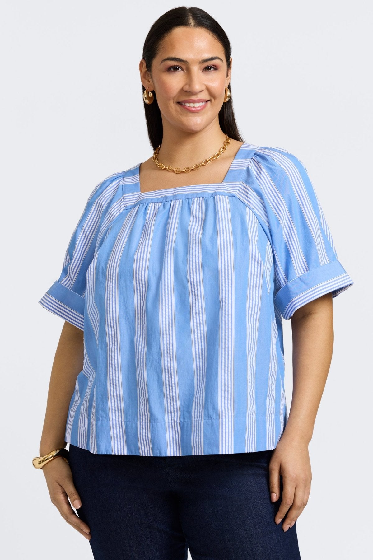 Violet Plus Seersucker Variegated Stripe Elbow Sleeve Popover Shirt