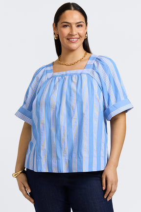 Violet Seersucker Variegated Stripe Elbow Sleeve Popover Shirt