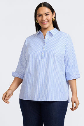 Therese Seersucker Thin Stripe 3/4 Sleeve Popover Shirt