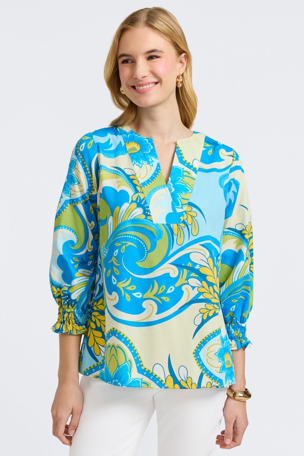 Alicia Tropical Jacobean 3/4 Sleeve Popover Shirt