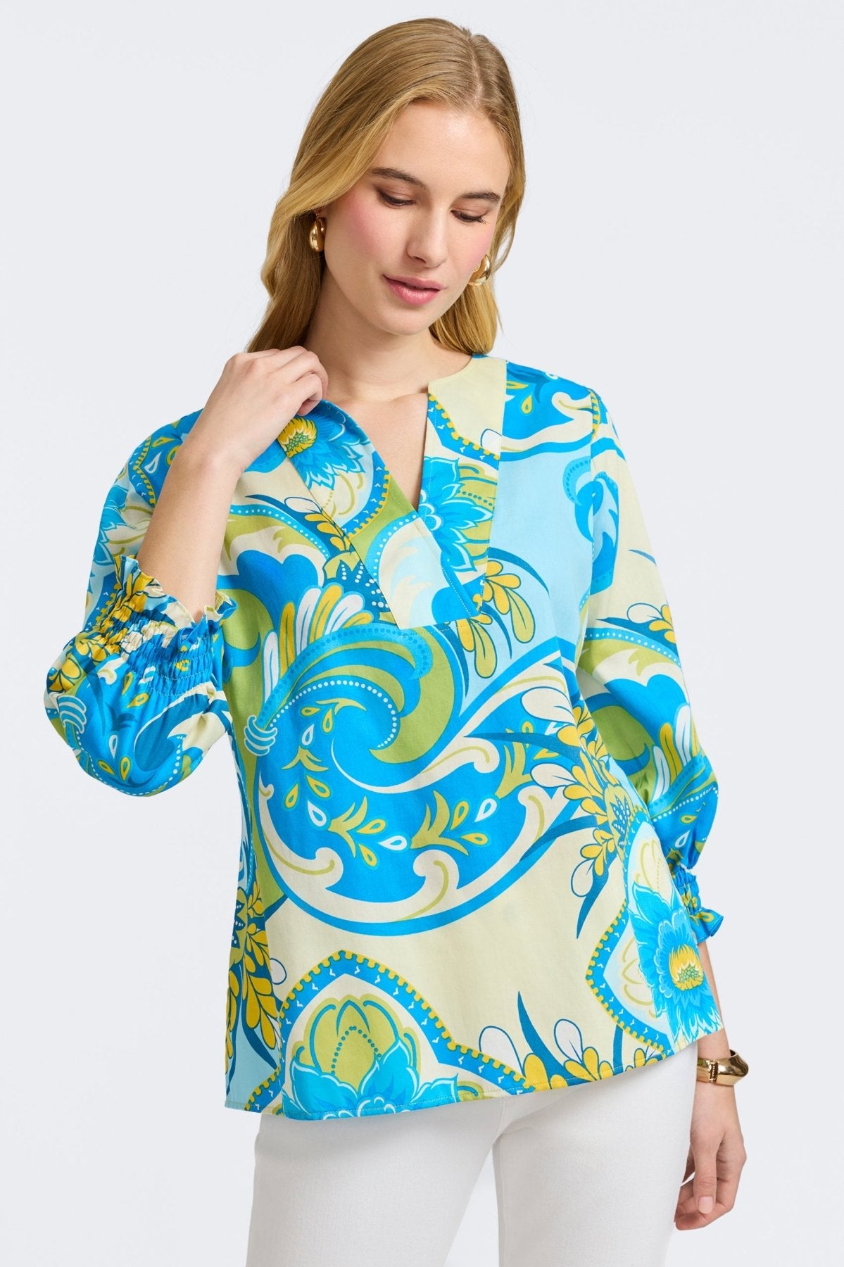 Alicia Tropical Jacobean 3/4 Sleeve Popover Shirt