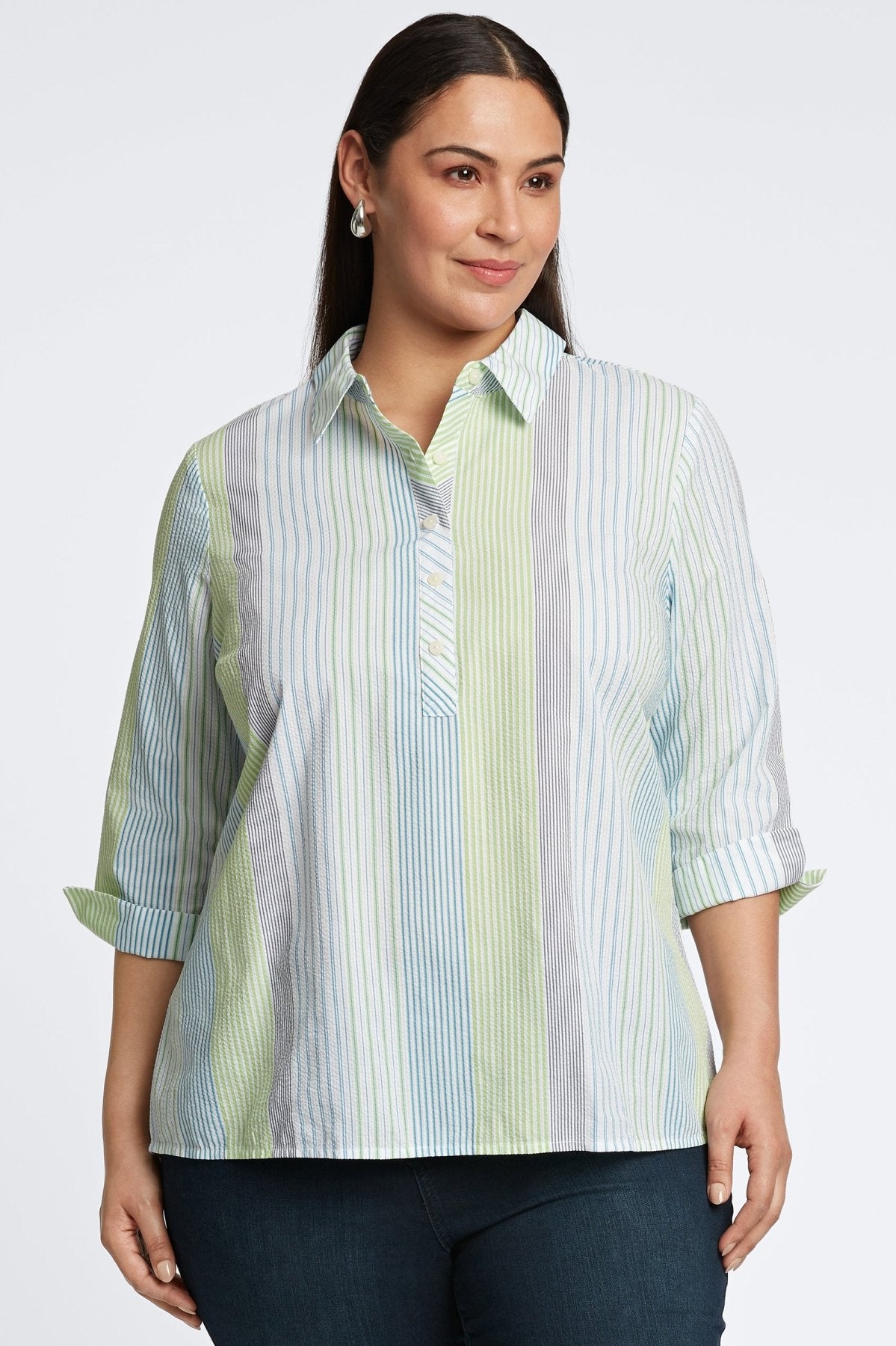 Therese Plus Seersucker Stripe 3/4 Sleeve Popover Shirt