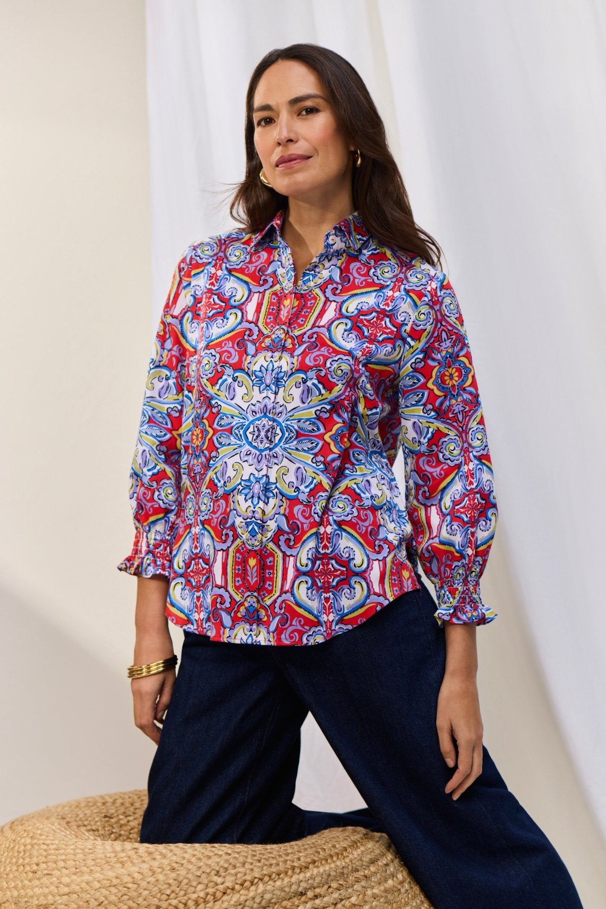 Olivia No Iron Mediterranean Tiles 3/4 Sleeve Shirt