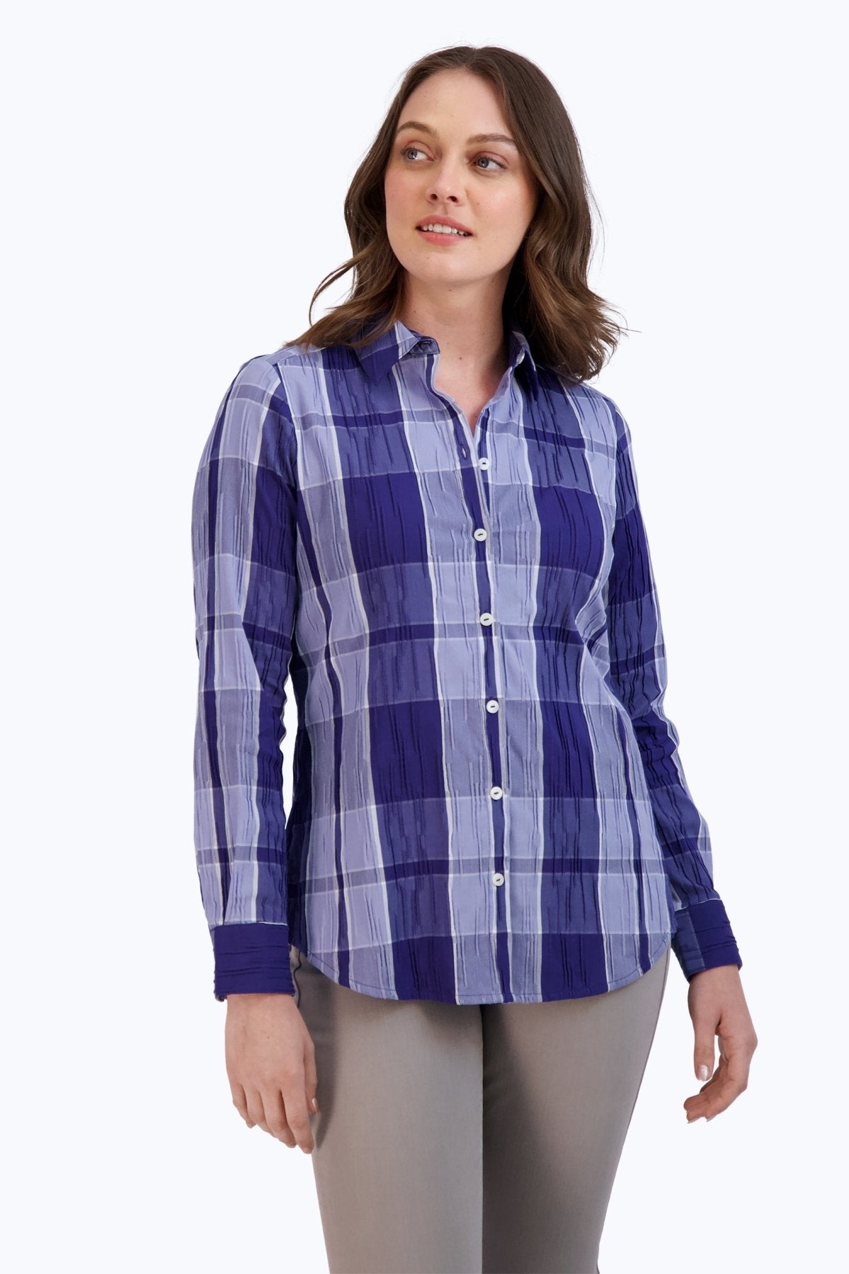 Zoey Denim Plaid Crinkle Long Sleeve Shirt